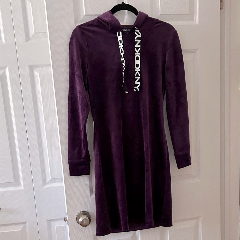 DKNY Deep Purple Eggplant Velvet Hooded Dress